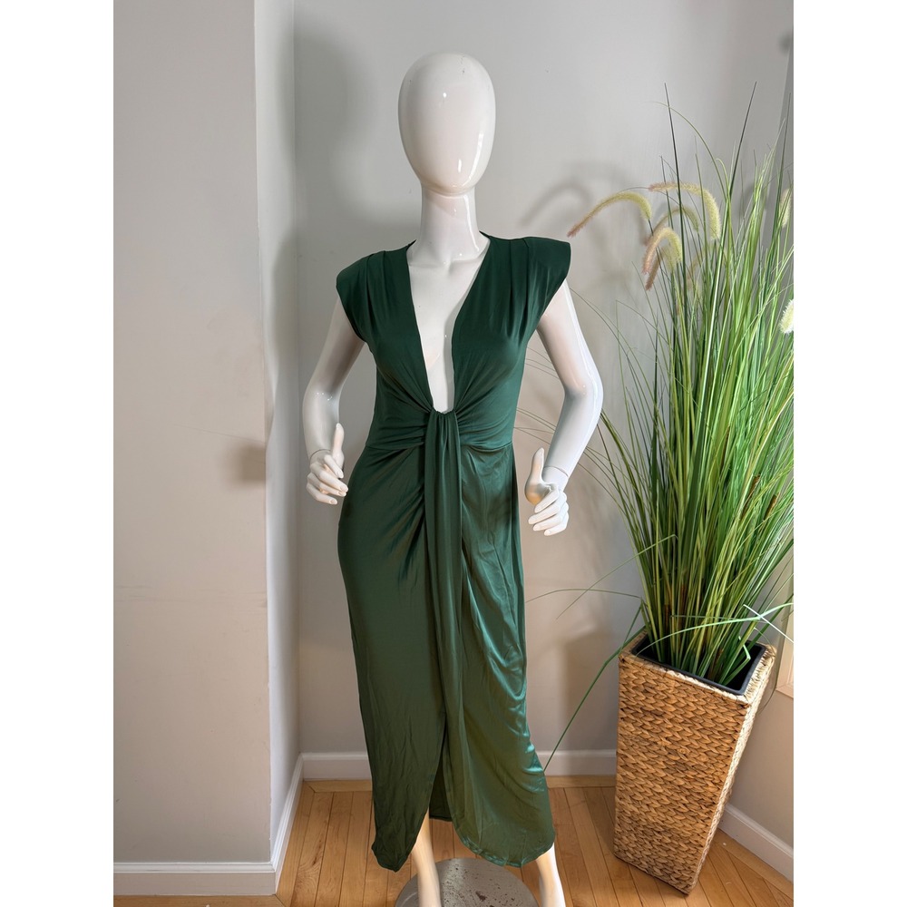 Micas Green Midi Dress Plunge Sleeveless Ruched Bodycon Party Cocktail Dress Xl - Picture 5 of 12